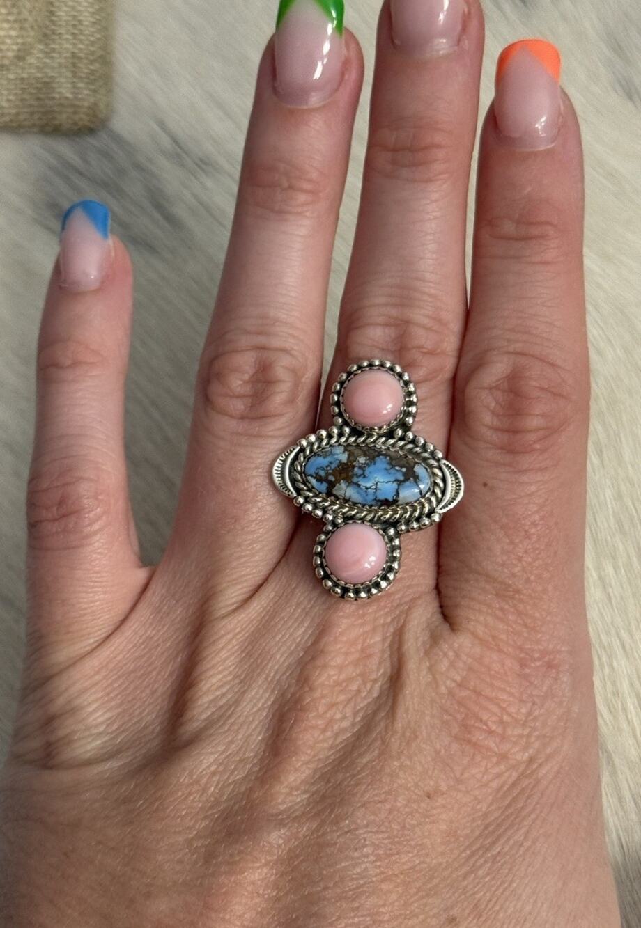 Sterling Silver Golden Hills Turquoise & Pink Conch Triple Stone Ring Adjustable